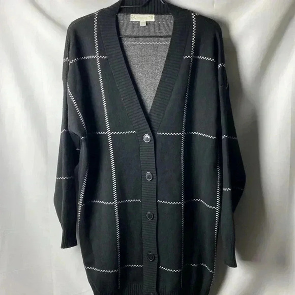 WEEKEND BY SUZANNE BETRO SIZE 1X/2X BLACK WHITE LONG BUTTON FRONT CARDIGAN - Picture 15 of 16